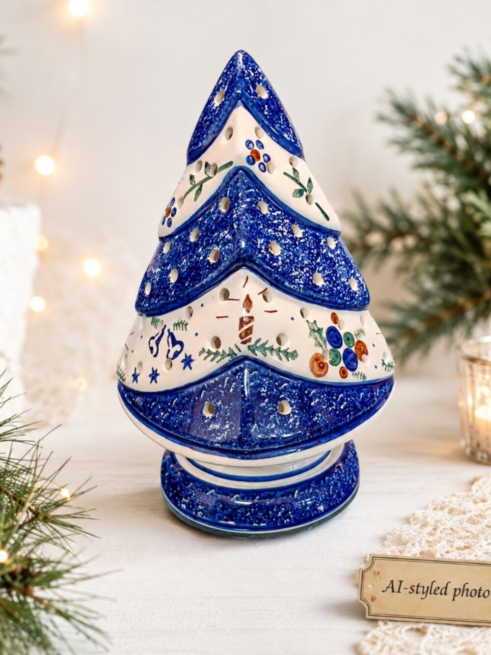 Polish handmade pottery Christmas tree blue whit Made in poland